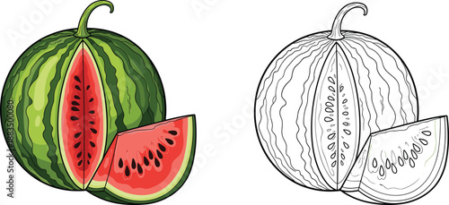 Watermelon with one colored and one line fruit line slices whole