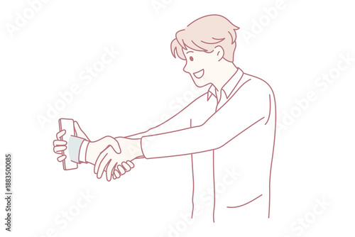 Online deal and handshake concept. Smiling man worker businessman standing and shaking hand online with unknown person hand from screen vector illustration