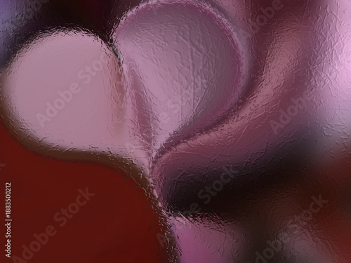 Abstract purple and dark red double heart shapes through frosted glass. Moody romantic art texture.