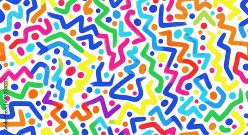 Funky geometric maze colorful seamless pattern. Bold brush drawn curved and zigzag lines with dots.
