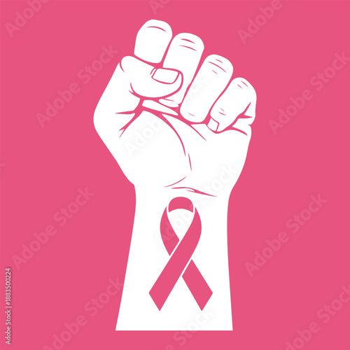 White Raised Clenched Fist With Pink Ribbon For Breast Cancer Strength And Empowerment