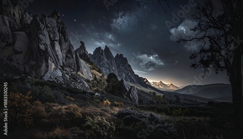 Dramatic Mountain Landscape Under a Cloudy Night Sky.