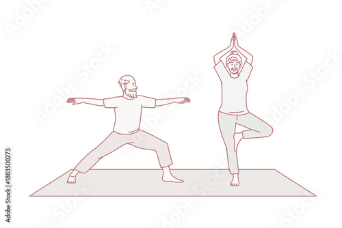 Healthy active lifestyle of elderly people concept. Smiling senior couple woman and man practicing yoga on fitness mat at home together vector illustration