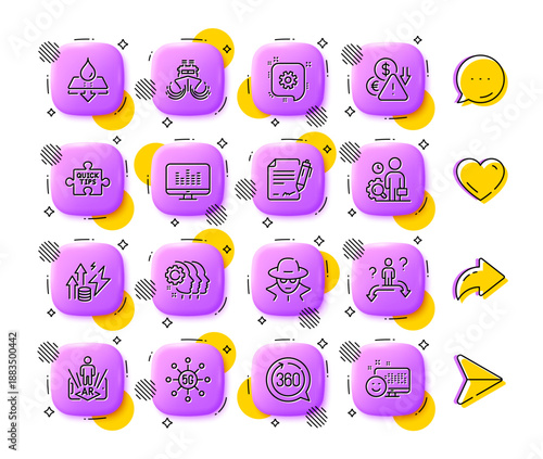 Cogwheel, Ship and Business choice line icons. App 3d buttons. Social media comment, share, like icons. Pack of Inspect, Energy inflation, Fraud icon. Vector