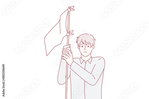 Frustration and lost strategy in business. Young thinking businessman with frustrated face standing and holding white flag on stick trying to orient in market vector illustration