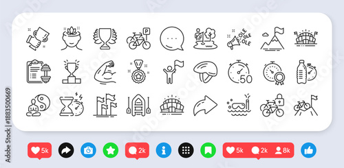 Mountain bike, Winner cup and Winner line icons pack. Social media: share, comment, like icons. Sports arena, Yoga mind, Fitness water web icon. Leadership, Flags, Bicycle parking pictogram. Vector