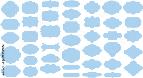 An expansive collection of light blue blank decorative frames and elegant labels is presented in an impressive variety of unique shapes and ornate styles against a deep black background.