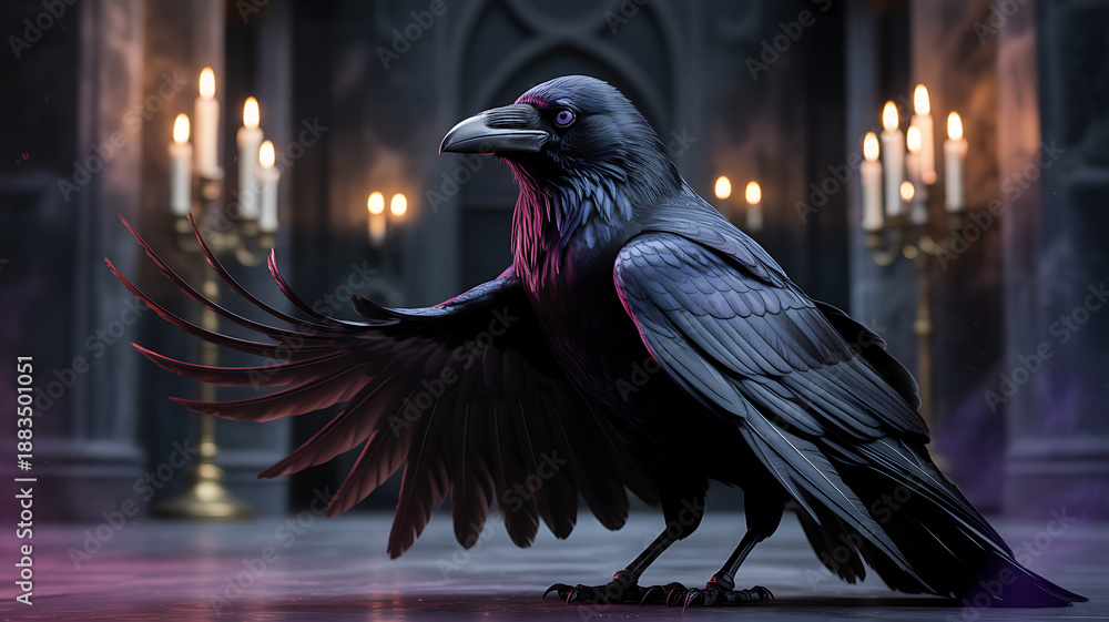 Fototapeta premium Powerful black crow spreading wings in dim castle hall illuminated by candlelight creating dark surrealism art perfect for mystery novels and spooky atmospheric background designs