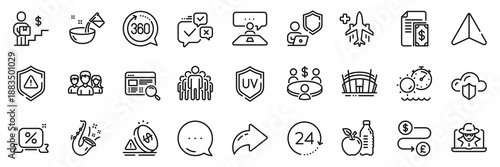 Uv protection, Discounts ribbon and Website search line icons pack. Share, Message, Paper plane icons. Arena stadium, Tanning time, Payment web icon. Vector