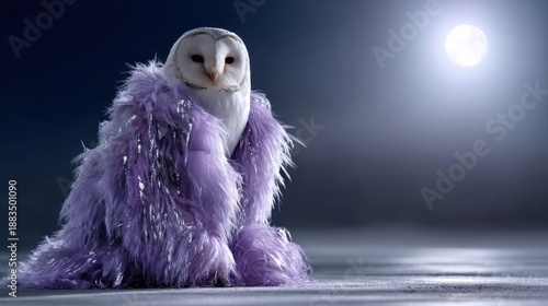 A white owl wearing a purple coat is sitting on a snowy surface