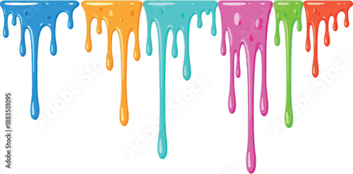 A vibrant and playful illustration features multiple streams of brightly colored paint, including blue, orange, turquoise, pink, and green, dripping downward against a solid black background.