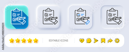 Checklist line icon. Neumorphic, Flat shadow, 3d buttons. Clipboard document sign. Questioning survey symbol. Line checklist icon. Social media icons. Vector