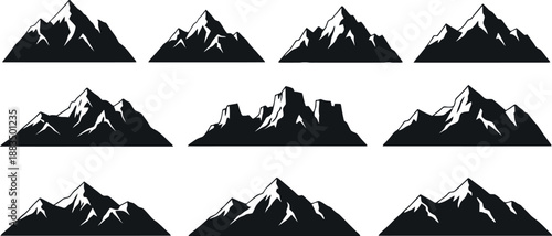 A robust set of mountain range icons features sharp, snow-capped peaks in solid black silhouettes, creating a dramatic and timeless visual against a pure black backdrop.