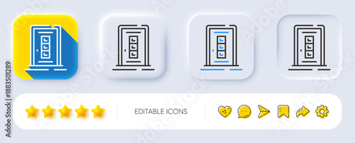 Door line icon. Neumorphic, Flat shadow, 3d buttons. Building entrance sign. Exit doorway symbol. Line door icon. Social media icons. Vector