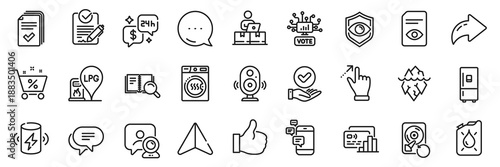 Speaker, View document and Card line icons pack. Share, Message, Paper plane icons. Handout, Communication, Dryer machine web icon. Rfp, Gas station, Text message pictogram. Vector