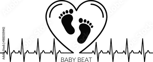 Baby heartbeat illustration with heart shaped outline and tiny feet, maternity love concept, pregnancy health symbol, prenatal care design, family medical graphic