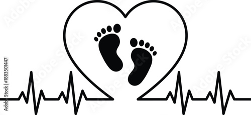 Baby heartbeat illustration with heart shape and tiny footprints, pregnancy love and maternity care concept, prenatal health symbol, family medical design, minimalist black and white graphic