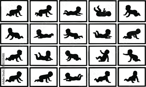 Baby silhouette grid showing crawling and rolling poses, infant development stages, newborn movement milestones, parenting education, nursery decor, black vector illustration set