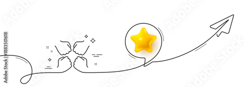 Squad line icon. Continuous line with share plane. Team work sign. Fist bump symbol. 3d star in speech bubble. Squad single line ribbon. Loop curve pattern. Vector