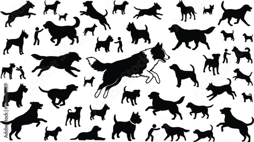 Dog silhouettes collection with various breeds and actions, running, jumping and playing poses, pet training and owner interaction concept, black vector illustration set