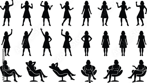 Female silhouette pose set showing expressive gestures, standing body language, seated lounge positions, lifestyle communication and emotion concepts, modern black vector illustration isolated 