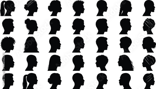 Human head profile silhouettes set showing diverse male and female hairstyles, side view portraits, identity concept, avatars collection, minimal black vector illustration on white background