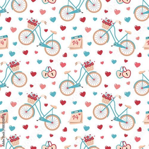 Seamless Valentines Day pattern with bicycles, flower baskets, hearts, love locks and calendar on white background. Romantic flat vector illustration for textile, packaging, wallpaper, greeting cards 