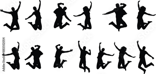 Jumping people silhouettes set showing energetic poses, celebration and freedom concept, happy youth lifestyle, success emotion, teamwork spirit, motion action, black and white illustration