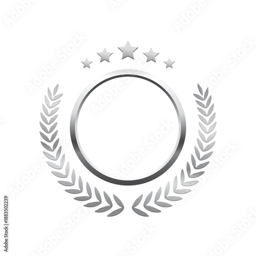 Silver award laurel wreath with stars and empty place for name of winner. Prize for awarding ceremony, championship, best player. Quality certified icon. Vector illustration.