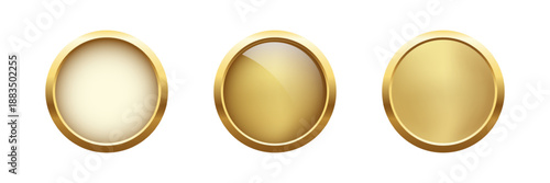 Gold metal medal set. Golden buttons. First place awards. Shiny badges for top ranking, winners, competition prize, or achievement certificate. Realistic vector illustration.