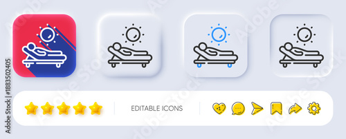 Lounger line icon. Neumorphic, Flat shadow, 3d buttons. Beach sunbed sign. Summer vacation symbol. Line lounger icon. Social media icons. Vector