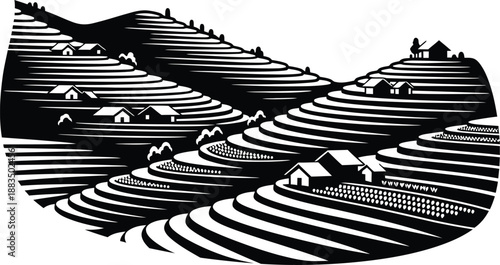 Rural Hillside Terraced Agriculture Silhouette Design