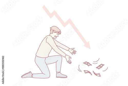 Financial crisis and regression concept. Stressed young businessman sitting on knee trying to get reach flying away money with arrow down vector illustration
