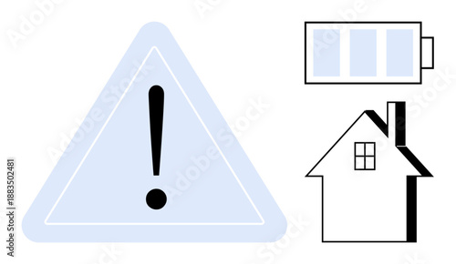 Renewable energy, power backup, energy conservation, electricity outages, safety measures, home efficiency. A triangle warning sign, battery and a house. Renewable energy and power backup concept