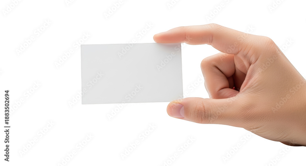 Obraz premium Hand holding blank business card displaying information isolated on transparent background
