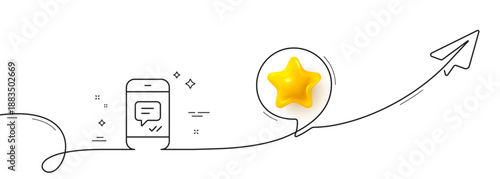 Phone Message line icon. Continuous line with share plane. Mobile chat sign. Conversation or SMS symbol. 3d star in speech bubble. Message single line ribbon. Loop curve pattern. Vector