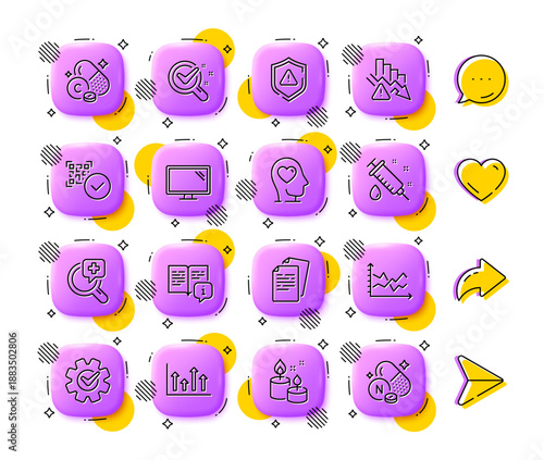 Qr code, Deflation and Chemistry lab line icons. App 3d buttons. Social media comment, share, like icons. Pack of Medical syringe, Manual, Monitor icon. Vector