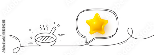 Grill pan line icon. Continuous line with 3d star. Cooking food griddle sign. Hot frying pan symbol. 3d star in speech bubble. Grill pan single line ribbon. Loop curve pattern. Vector