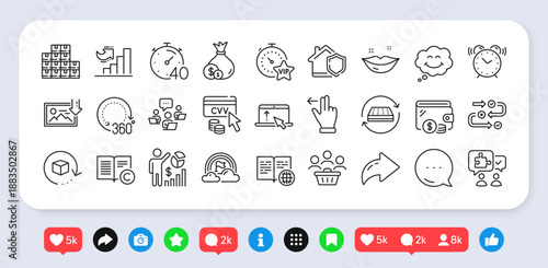 Touchscreen gesture, Lips and Smile line icons pack. Social media: share, comment, like icons. Buyers, Lgbt, Download photo web icon. Home insurance, Copyright, Cash pictogram. Vector