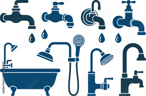 Water Tap and Bathroom Fixtures Vector Set  Faucets, Showers, Bathtubs, and Plumbing Icons