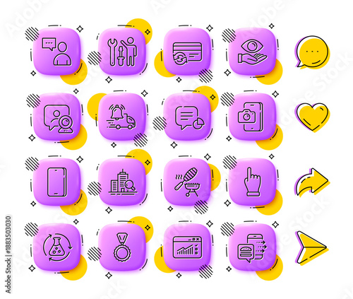 Medal, Web traffic and Chemistry experiment line icons. App 3d buttons. Social media comment, share, like icons. Pack of Phone, Phone photo, Click hand icon. Vector