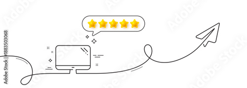 Computer line icon. Continuous line with share plane. PC component sign. Monitor symbol. Five star rate review in speech bubble. Computer single line ribbon. Loop curve pattern. Vector