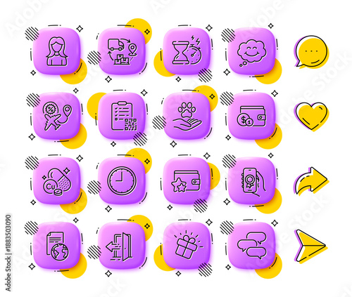 Copper mineral, Gift and Award app line icons. App 3d buttons. Social media comment, share, like icons. Pack of Buying accessory, Smile, Loyalty program icon. Vector