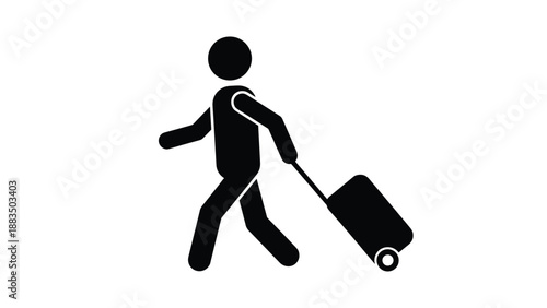 Simple black silhouette stick figure icon of a person walking with a rolling suitcase, representing travel, vacation, journey, or the concept of going on a trip.