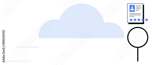 Conceptual design of a digital cloud with magnifying glass and user profile document symbolizing online data storage, job search, recruitment, and secure information access. Ideal for cloud