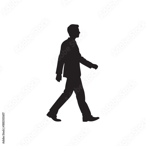 Side view male model in studio isolated on white background with alpha channel. Silhouette of businessman in suit walking.
