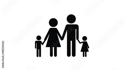Simple black silhouette icon of a family unit consisting of a father, mother, and two children, representing the fundamental concept of family and parental relationships.