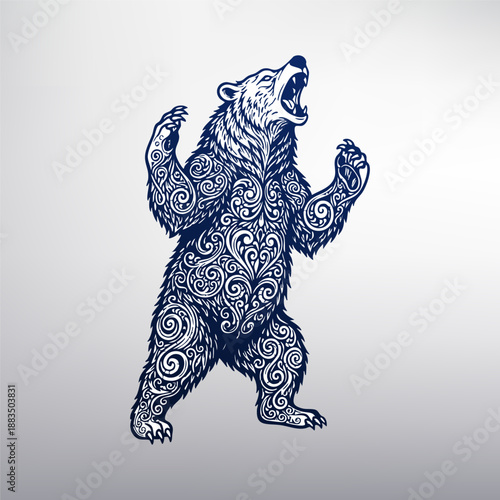 Raging Bear with Intricate Tribal Ornament Pattern, Vector Illustration