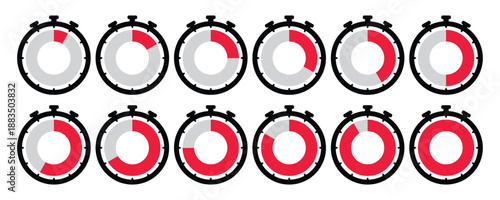 Comprehensive Set of Twelve Minimalist Stopwatch Icons Featuring Red Circular Progress Bars Representing Various Time Intervals and Stages of Completion.