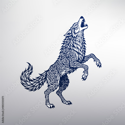 Howling Wolf with Intricate Tribal Ornament Pattern, Vector Illustration
